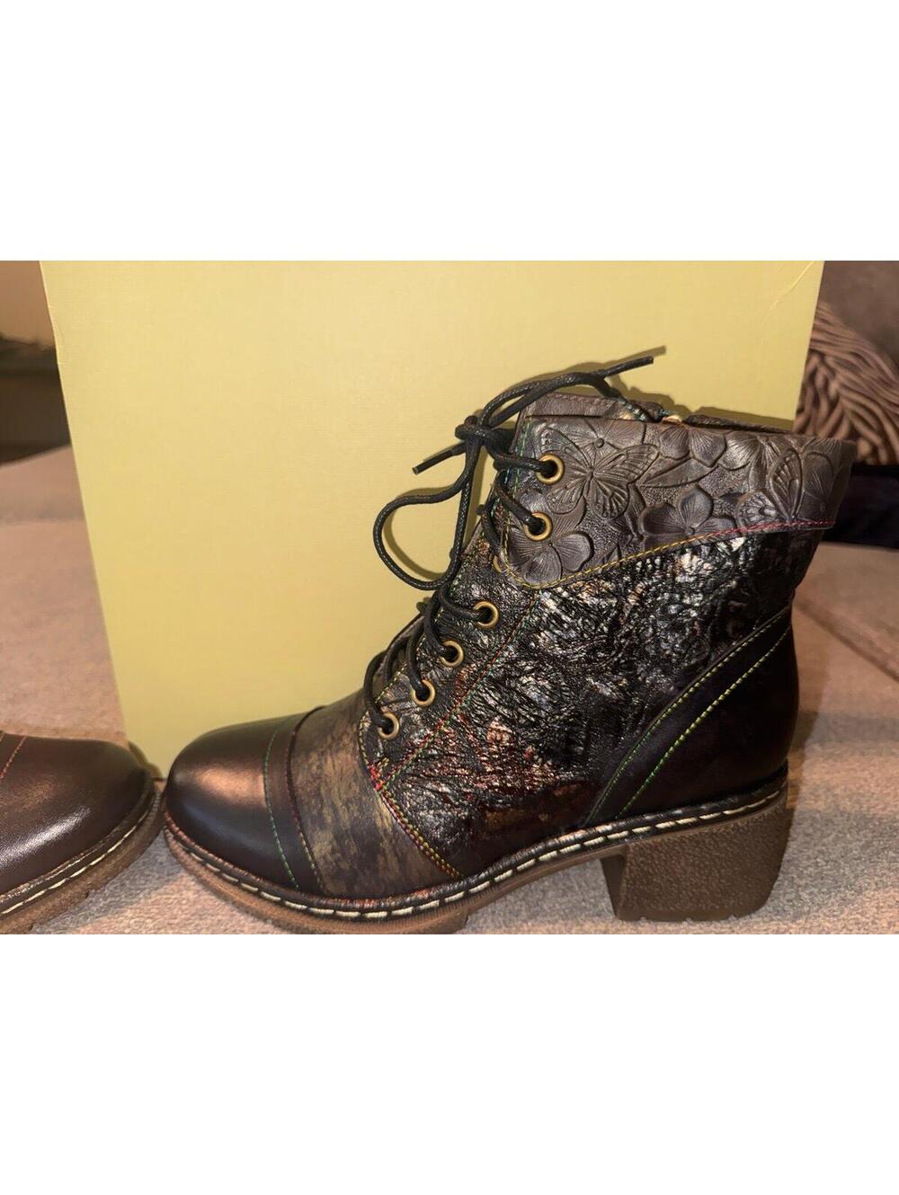 L’Artiste Spring Step Fallinluv Black Multi Floral Embossed Lace Up Ankle Boots